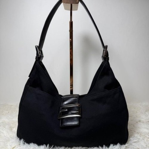 FENDI Mamma Baguette Jersey Black Hobo Shoulder Bag Silver FF Logo Y2K Auth