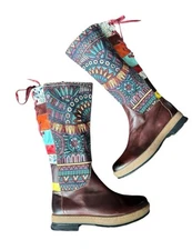 Socofy Bohemian Splicing Pattern Low Block Heel Boots Round Toe Multicolor SZ 8