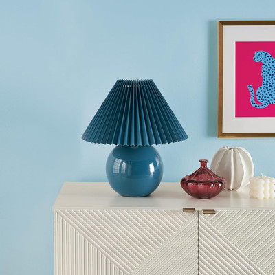 13'' Blue Ceramic Lamp with Pleated Shade for Bedroom & Living Room Decor
