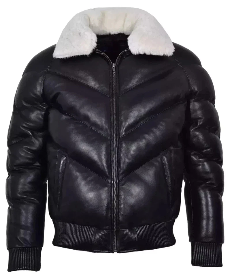 Chaqueta de cuero negra acolchada de invierno con cuello de piel de cordero real Puffer Bomber Foto 3 de 4