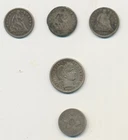 Three Seated Liberty Half Dimes, One Barber Dime and One Trime