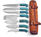 Custom made7 pcs  Rust Resistant Damascus Kitchen Knife Set with Leather RollBag