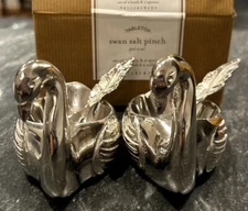 POTTERY BARN Swan Open Salt Pinch Cellar w/ Spoon SET OF 2 - Silver tone Metal