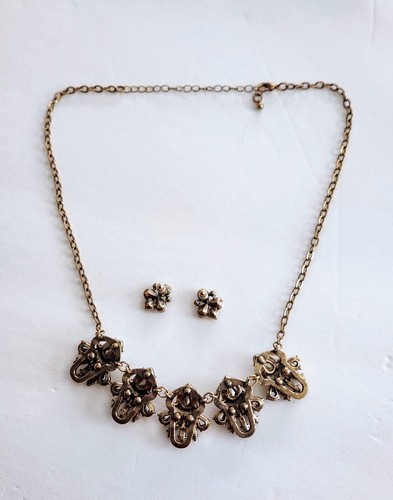 Collar y pendientes llamativos cadena tono cobre pedrería con joyas de vidrio - Imagen 5 de 8