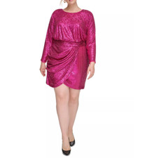 ELIZA J Plus Size Sequin Jewel-Neck Long-Sleeve Drape Dress 16W