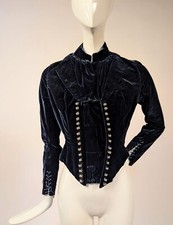 GOTHIC VICTORIAN 19TH C BLACK SILK VELVET JACKET W CORSET LACING HOOKS + GROMMET