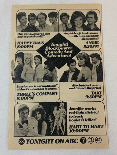 Pubblicità tv ABC 1979 ~ HAPPY DAYS burlesque, ANGIE, THREE'S COMPANY, TAXI, HART TO HART