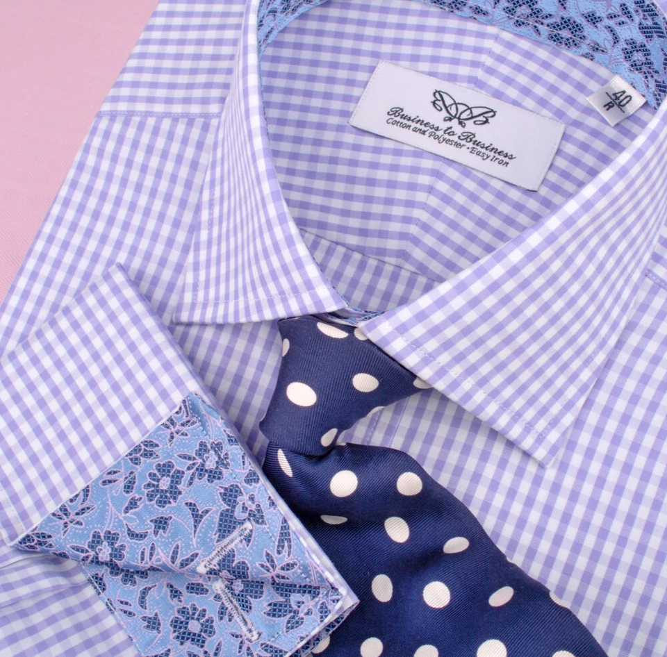 Camisa de vestir de negocios formal a cuadros de guinga púrpura azul a cuadros moda de lujo Foto 4 de 4