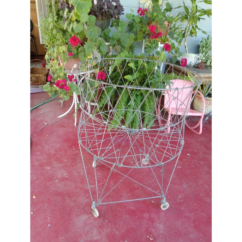 Vintage Metal Wire Laundry Basket With Wheels 23 Inches Collapsible cottage Core - Image 3 of 4