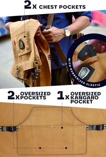 Adjustable Waxed Canvas Kitchen Apron with Genuine Leather Harness and Pockets - Picture 4 of 11