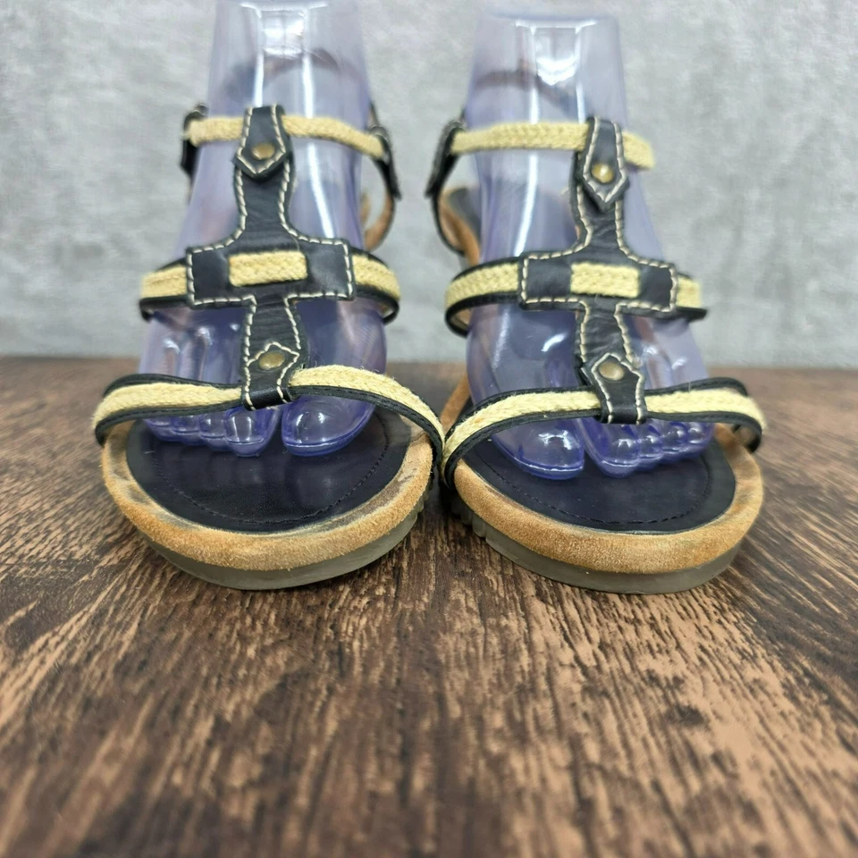 Aerosoles Swish Bone Strappy Wedge Sandals 11 Black Leather Natural Jute Comfort - Image 4 of 4