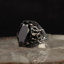 BayVog 925 Sterling Silver Black Zircon Stone Men Silver Ring, Handmade Men Ring
