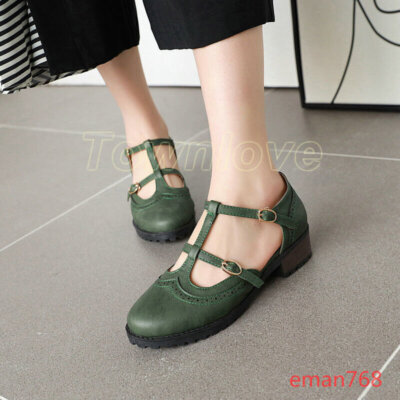 Women Heels Retro T Strap Mary Jane Casual Oxfords Round Toe Pumps Buckle Shoes