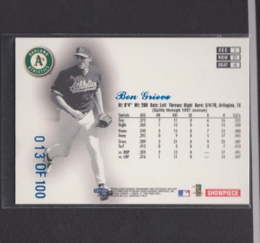 1998 FLAIR SHOWCASE ROW 0 SHOWPIECE LEGACY COLLECTION #4 BEN GRIEVE A'S SP #/100 - Image 2 of 2