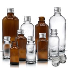 Glass Bottle with Silver Aluminium Cap Dropper Bottle Amber or Clear 5 Sizes