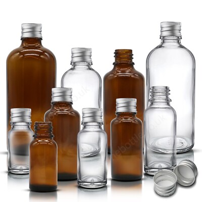 Glasflasche mit silbernem Aluminiumverschluss Tropfflasche bernsteinfarben oder klar 5 Größen