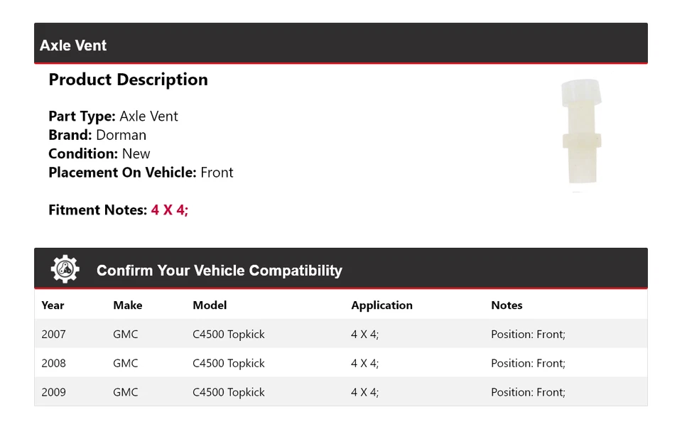 Para GMC C4500 2007-2009 Topkick 4 X 4 Dorman eje ventilación delantero 2008 Foto 2 de 4