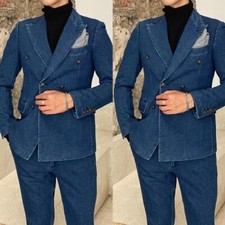 Blue Denim Men's Suits Double Breasted Peak Lapel Outdoor Casual Formal 2 Pieces