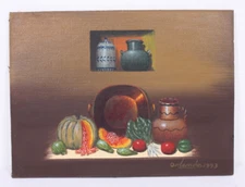 Orlando 1993 Unusual Surreal Folk Art Fruit Kitchen 6x8 Still Life Oil Painting