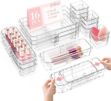 16 Piece Clear Expandable Drawer Organizer Set 3 Sizes Plastic Storage Bins