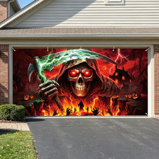 16 X 7 FT Halloween Garage Door Cover, Scary Skull Ghost Garage Door Banner with