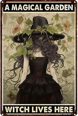Garden Outdoor Witch Tin Metal Signs Home Décor A Magical Garden Witch Lives Her