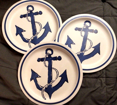 Three  Room Essentials  Blue Anchor Theme Melamine 10.5'' Round Dinner Plates