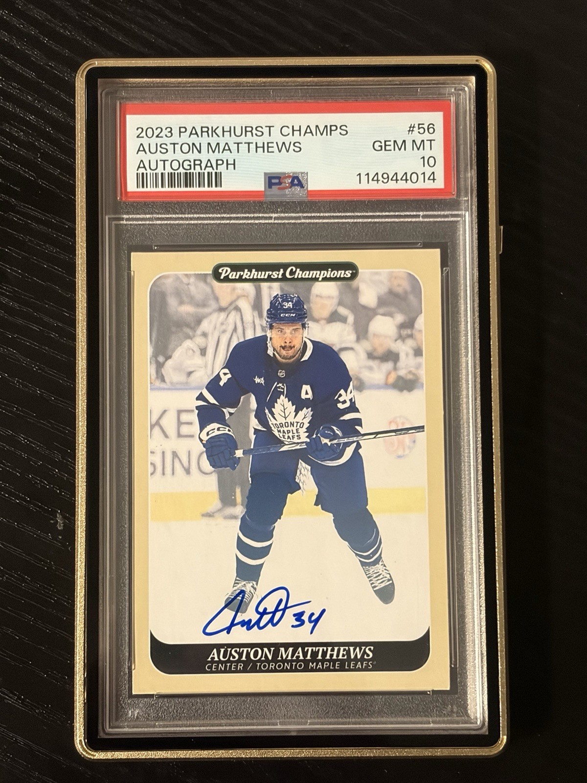 2023 Parkhurst Champs Auston Matthews Auto PSA 10 Toronto POP 1 Gold Case Guard view 1