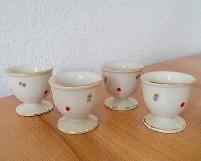 4 x FÜRSTENBERG Porzellan Eierbecher auf Fuß 01573  Bunte Blumen  Goldrand 50er