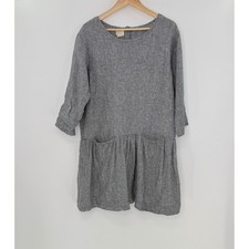 Vikolino Linen Dress Size S Gray Drop Waist 3/4 Sleeve Button Back Pockets
