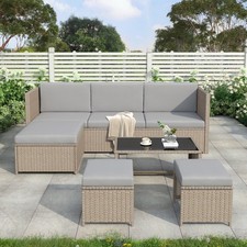 6-SEATER RECLINER SOFA TABLE POLYRATTAN GARDEN FURNITURE PATIO LOUNGE SET KAHKI