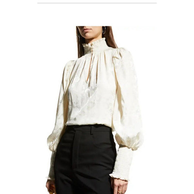 Shoshanna Lyam High-Neck Bishop Top Long Sleeve Ruffle Smocked Cuffs Small