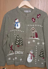 Vintage Croft  Barrow Zip Up Cardigan Sweater Womens Size M Pale Green Holiday