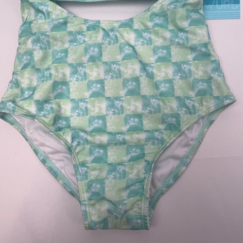 NUEVO CON ETIQUETAS Niñas Traje de Baño Wurl Traje de Baño 8/10 Azul Verde Floral Cuadros Vientre Exponer $20 - Imagen 3 de 4