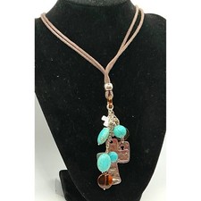 Turquoise Color Cross Charm Necklace Suede Cord Boho Religious Faith Jewelry 28"