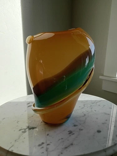 Vintage LRG Italian Murano Glass Vase Amber Purple Teal MCM Handblown Abstract