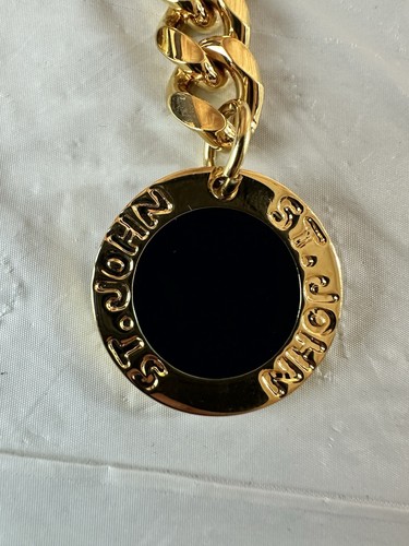VTG 80's St. John Draped Gold Tone Curb Chain Black Enamel Charm Logo Waist Belt - Picture 2 of 13