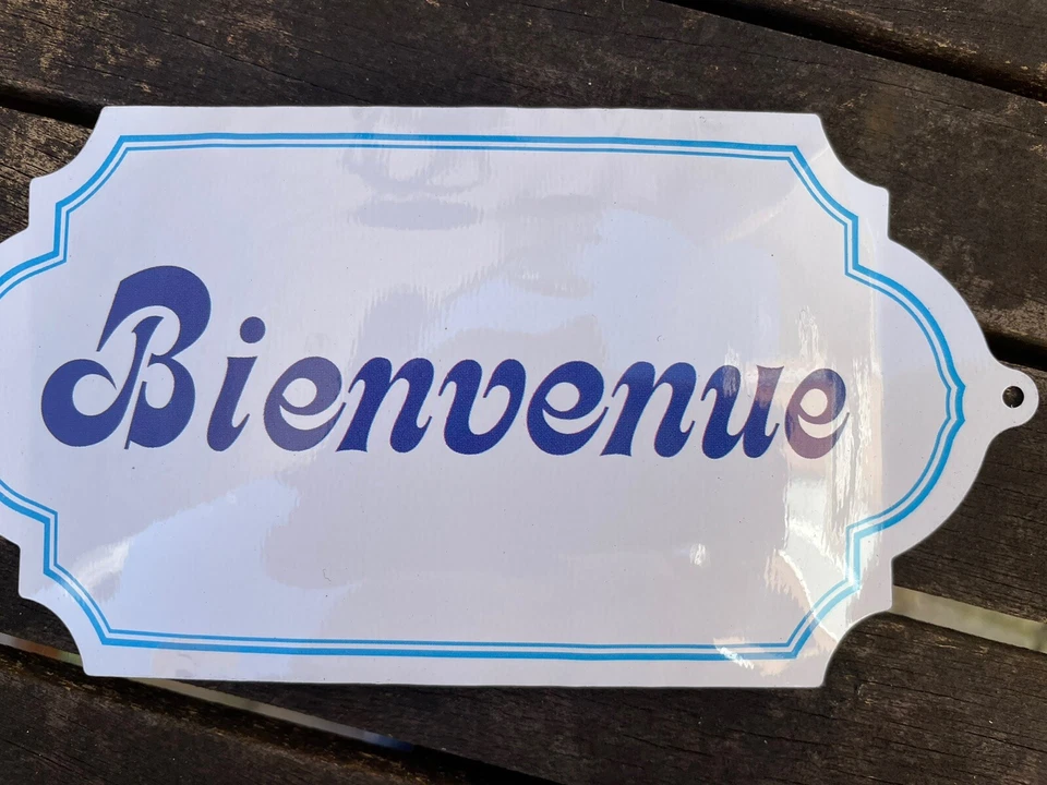 "Placa marcadora de puerta de bienvenida de 6"" de metal francés Bienvenue pared esmalte tienda tienda tienda" Foto 3 de 4