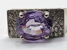 Size 7 Sterling Silver Ring Rectangle Face Oval Purple Stone Clear Accents