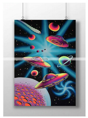 TRIPPY PSYCHEDELIC SPACE PLANETS POSTER UFO ALIENS WALL ART PRINT A3 A4 ...