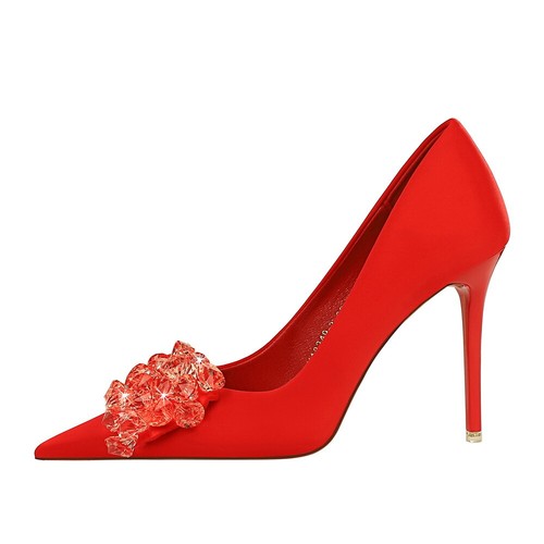 Women's Faux Suede Stiletto Pumps Rhinestone Bow Pointed Toe Mid/High Heel Shoes - Picture 13 of 34