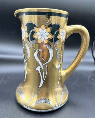 Antique Pickard Hand Painted Art Nouveau Pitcher, 9”, Gold Gilding  Silver