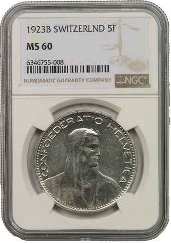 1923 B Switzerland Founding HERO WILLIAM TELL 5 Francs Silver