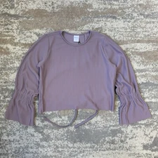 House Of Sunny Blouse Long Sleeve Top Lilac UK10 Medium Ribbed Open Back Flare