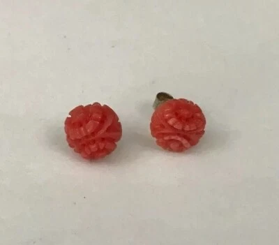 Sterling Silver 10mm Carved Daisy Flower Red Pink Natural Coral Stud Earrings A - Image 1 of 4
