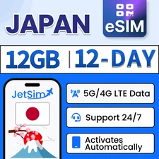 Japan eSIM - 12GB High-Speed Data, 12 Day Docomo JetSim/Digital Travel SIM Card