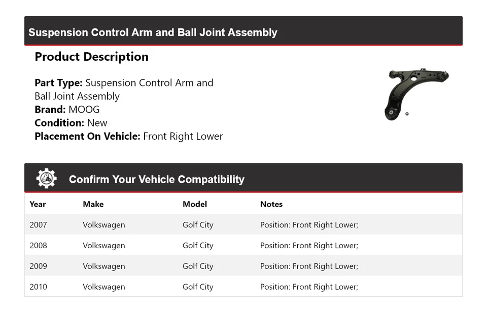 Brazo de control delantero derecho inferior MOOG 2007-2010 para Volkswagen Golf City 2007-2010 Foto 2 de 3