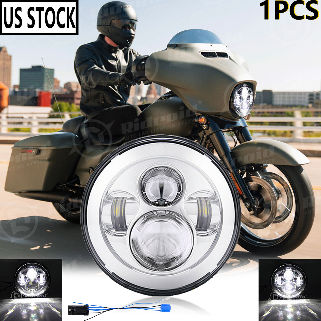 7" Inch LED Headlight Projector High/Low Chrome For Harley-Davidson Street Glide