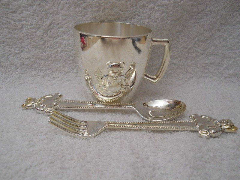 Silver Plated Teddy Bear Baby Cup Fork & Spoon Set Beverly Clark Collection