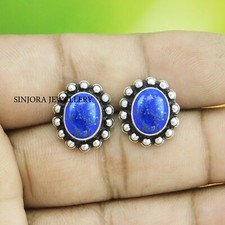 Lapis Lazuli Gemstone 925 Sterling Silver Handmade Jewellery Stud Earrings